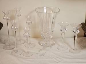 lot 71 image: Elegant Glass Stemmed Candle Sticks & Center Piece Vase
