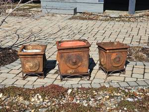 lot 54 image: Lion Bust Resin Planters in Wrought Iron Stands
