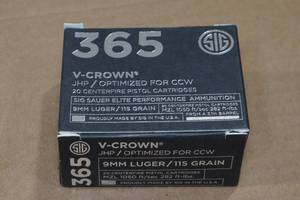lot 168 image: 20 Sig Sauer V-Crown 365 9mm Luger 115 Gr JHP Ammo