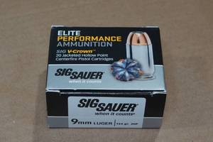 lot 172 image: 20 Sig Sauer V-Crown 9mm Luger 124 Gr JHP Ammo
