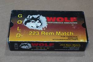 lot 222 image: 20 Wolf Gold 0112 Rem Match 75 Gr Copper Jacketed HP BT Brass Case Ammo