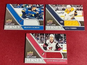 lot 155 image: (3) 2020-21 Upper Deck Jersey Hockey Cards