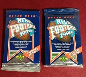 lot 199 image: (2) Unopened 1991 Upper Deck Football Card Packs - Favre Rookie Year
