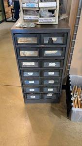 lot 63 image: Industrial Metal Storage Cabinet with 14 Drawers