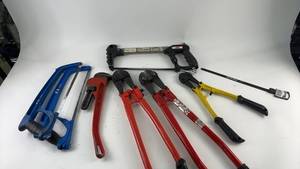 lot 817 image: Set of Assorted Hand Tools Including Pipe Wrench, Bolt Cutters, and Hacksaws