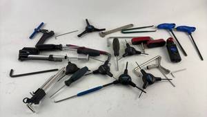 lot 891 image: Collection of Bicycle Repair Tools with Digital Shock and Tire Gauges
