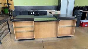 lot 3 image: Commercial Retail Checkout Counter with Glass Display Shelves