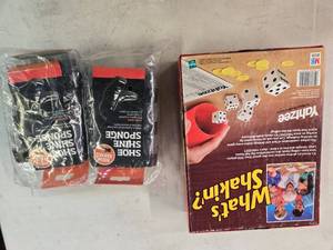 lot 102 image: A lot of 2 items  Whats Shakin Game and Shoeshine sponge