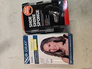 lot 148 image: A lot of shoeshine sponge and Go Gray Hair Treatment