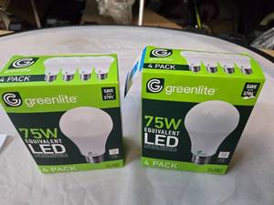 lot 156 image: Lot of 8 LED Greenlite 75W Equivalent Light Bulbs (4 packs in each of the two boxes) New