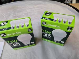 lot 157 image: Lot of 8 LED Greenlite 75W Equivalent Light Bulbs (4 packs in each of the two boxes) New