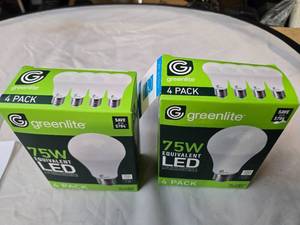 lot 158 image: Lot of 8 LED Greenlite 75W Equivalent Light Bulbs (4 packs in each of the two boxes) New