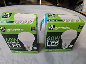 lot 161 image: Lot of 8 LED Greenlite 60W Equivalent Light Bulbs (4 packs in each of the two boxes) New