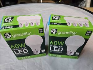 lot 169 image: Lot of 8 LED Greenlite 60W Equivalent Light Bulbs (4 packs in each of the two boxes) New