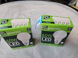 lot 170 image: Lot of 8 LED Greenlite 60W Equivalent Light Bulbs (4 packs in each of the two boxes) New