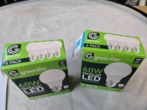 lot 171 image: Lot of 8 LED Greenlite 60W Equivalent Light Bulbs (4 packs in each of the two boxes) New