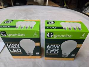 lot 173 image: Lot of 8 LED Greenlite 60W Equivalent Light Bulbs (4 packs in each of the two boxes) New
