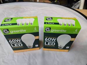 lot 175 image: Lot of 8 LED Greenlite 60W Equivalent Light Bulbs (4 packs in each of the two boxes) New