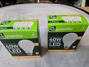 lot 183 image: Lot of 8 LED Greenlite 60W Equivalent Light Bulbs (4 packs in each of the two boxes) New