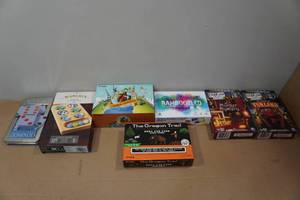 lot 247 image: Assorted Board Games -Oregon Trail, Murder Mysteries, Dominoes