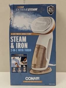 lot 76 image: Conair Hand-Held Turbo ExtremeSteam Garment Steamer, Steam and Iron, 2-IN-1 with Turbo, One Size, GoldWhite