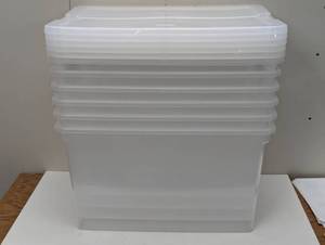 lot 84 image: 6 Pack Sterilite 66qt ClearView Latch Box Clear with Purple Latches Plastic Storage Container, Lidded & Stackable - 6 Pack