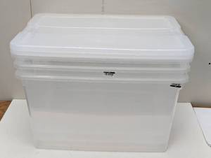 lot 89 image: 3 Pack Sterilite 66qt ClearView Latch Box Clear with Purple Latches Plastic Storage Container, Lidded & Stackable