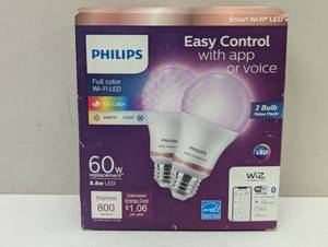 lot 45 image: Philips 2pk 8.8W Smart LED Wi-Fi and Bluetooth A19 Color Energy Star, Dimmable, 800 Lumens, Apple HomeKit Compatible