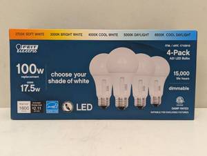 lot 112 image: Feit Electric White 17.5W LED Bulb 1600 Lumens,1 Count (Pack of 4) - Changable