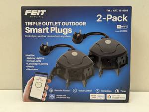 lot 63 image: Feit Electric Triple Outlet Outdoor Smart Plugs, 2-Pack, WiFi, Controls Devices from Anywhere, Voice Control, Schedules, Timer, Compatible with Alexa and Google Home, Black
