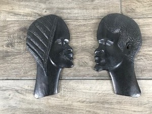 lot 43 image: Vintage Hand Carved Wood African Tribal Wall Hanging Black Mid Century Art 3D Decor