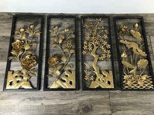 lot 63 image: MCM 3D Floral Brass Colored Tin metal Wall Panels Set Of 4 Wood Framed
