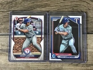 lot 395 image: 2024 Bowman and Bowman Chrome Texas Rangers Wyatt Langford Baseball Cards