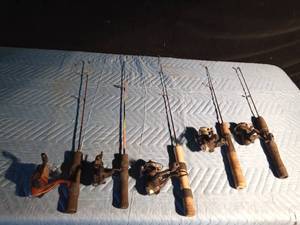 lot 147 image: Bucket of ice fishing rods and reels