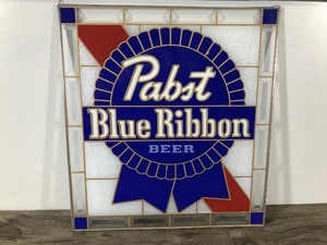 lot 1 image: Vintage Pabst Blue Ribbon Beer Sign - Metal Framed with Stained Glass