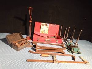 lot 357 image: Vintage childs toolbox, box of router bits, crowbar, pry bar, clamp and vintage bottle capper and more