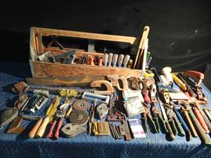 lot 342 image: Wood toolbox full of vintage and modern tools