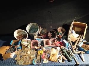 lot 330 image: Tote of sheer pins, nails, screws, and more