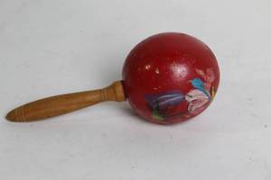 lot 28 image: Vintage Red Painted Maraca with Wooden Handle
