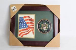 lot A-32 image: Framed American Flag Art with United States Army Seal