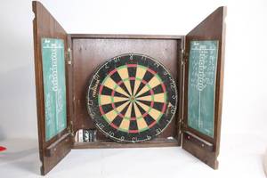 lot 37 image: Vintage Dartboard Cabinet with Chalkboards