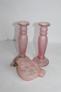 lot 85 image: Vintage Pink Frosted Glass Candlesticks and Bird Figurine Set