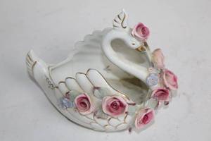 lot 86 image: Vintage Porcelain Swan Trinket Dish with Floral Accents