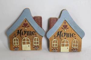 lot 113 image: Set of 2 Wooden Cottage Shaped Wall Plaques with Home Design