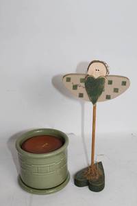 lot 120 image: Set of 2 Decorative Items Candle in Ceramic Holder and Wooden Angel Figurine