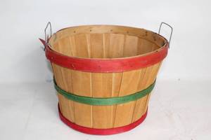 lot 132 image: Handcrafted Wooden Gathering Basket with Red and Green Bands