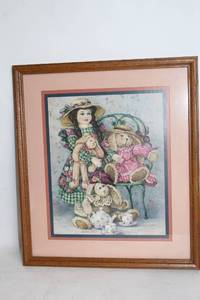 lot 136 image: Framed Vintage Artwork of Girl with Teddy Bears