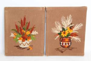 lot 148 image: Pair of Vintage Embroidered Canvas Wall Art with Floral Designs