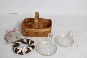 lot 157 image: Rustic Decor Set with Basket, Wreath, Glass Coasters, and Sachet