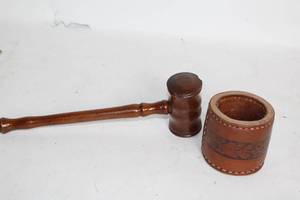 lot 193 image: Vintage Wooden Gavel and Matching Holder Set